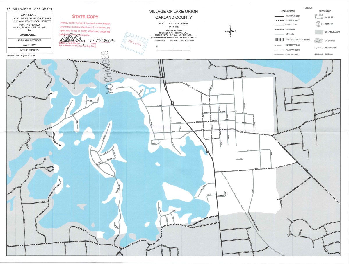 Image of Village of Lake Orion 2023 MDOT Act 51 street classification map